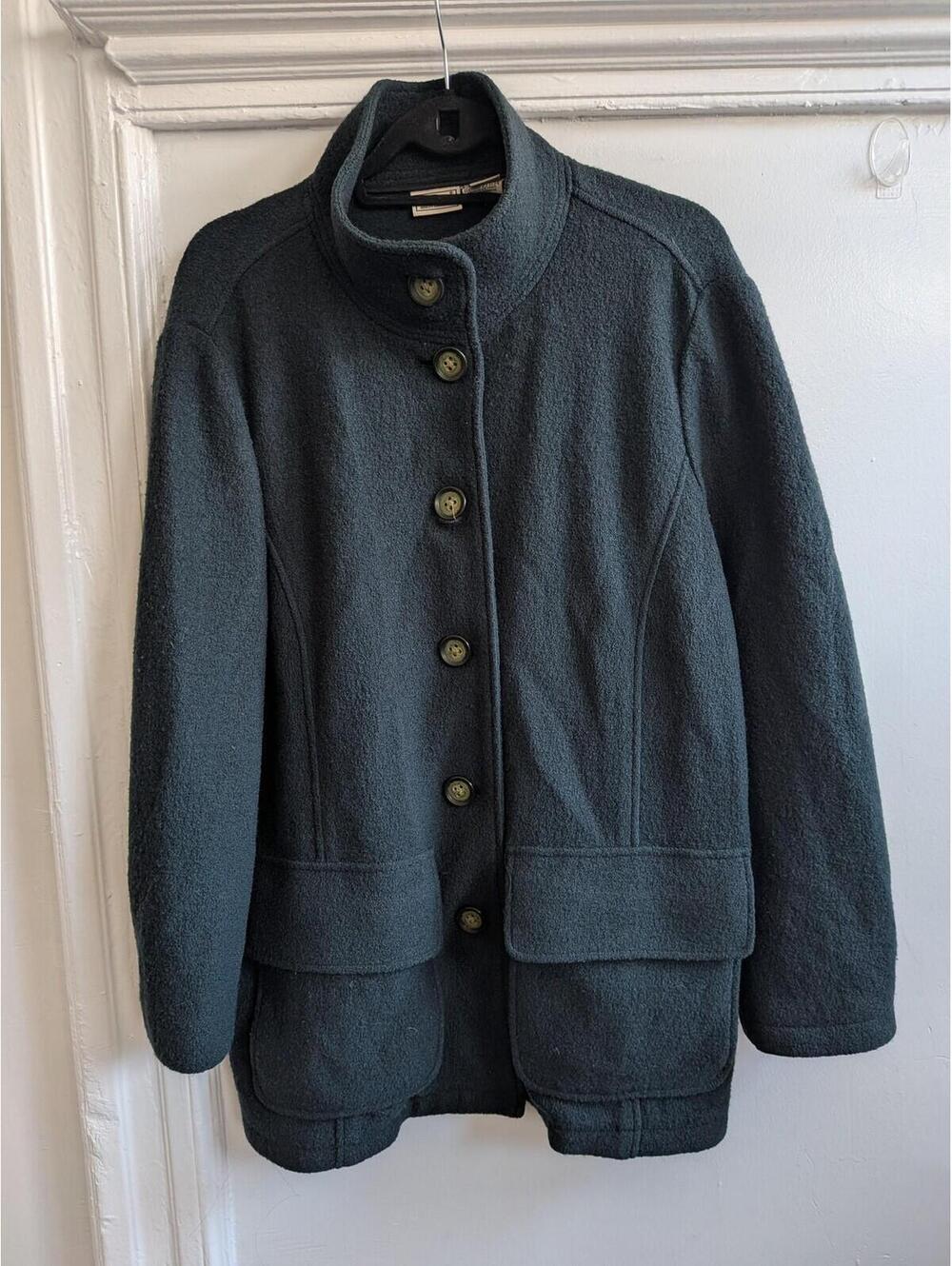 L.L. Bean Coat Womens 1X Green Wool Fleece Lined Button Front Pockets Mid Length